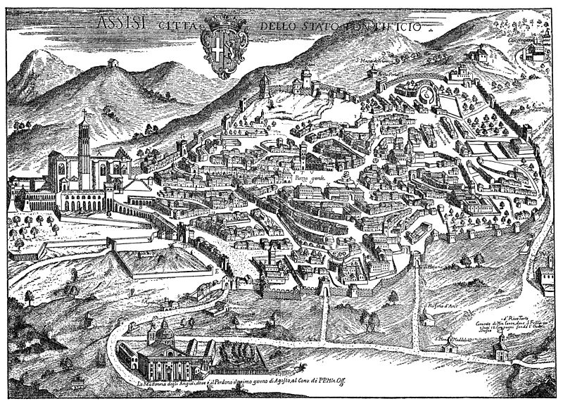 Veduta storica di Assisi e dei monumenti